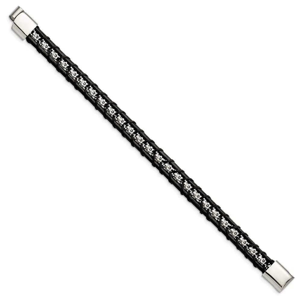Chisel Stainless Steel Polished Flower Link Black Leather 8.25 inch Bracelet