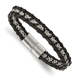 Chisel Stainless Steel Polished Flower Link Black Leather 8.25 inch Bracelet