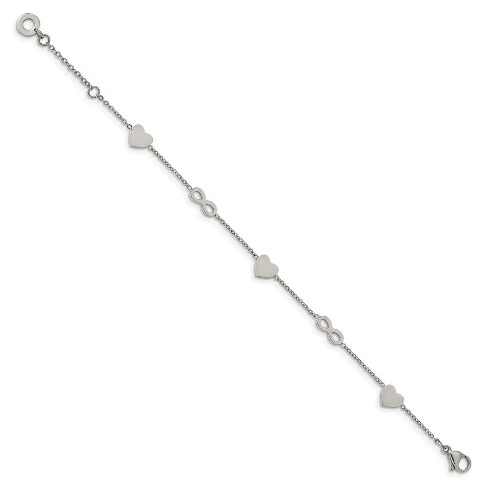 Chisel Stainless Steel Polished Heart and Infinity 7 inch Bracelet with 1 inch Extension
