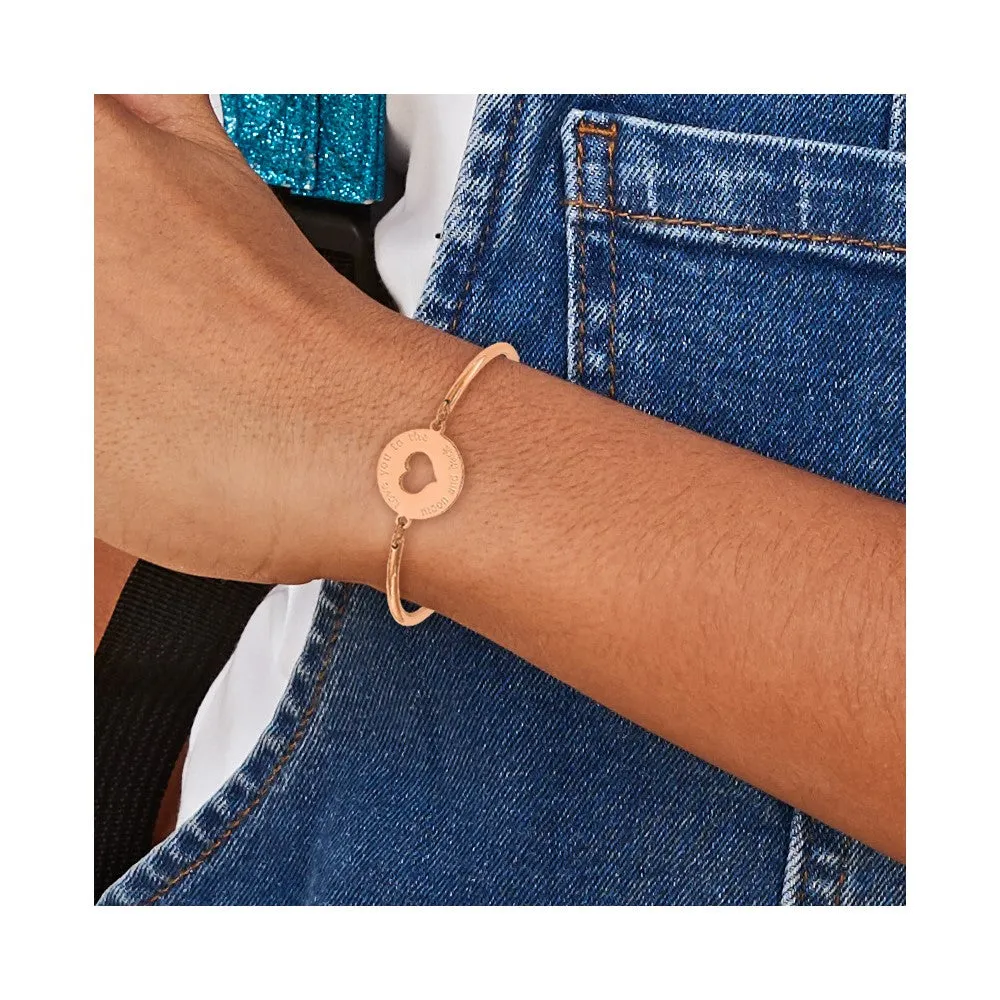 Chisel Stainless Steel Polished Rose IP-plated with Cut out LOVE YOU TO THE MOON AND BACK Heart Bangle 6.5 inch Bracelet with 2 inch Extension