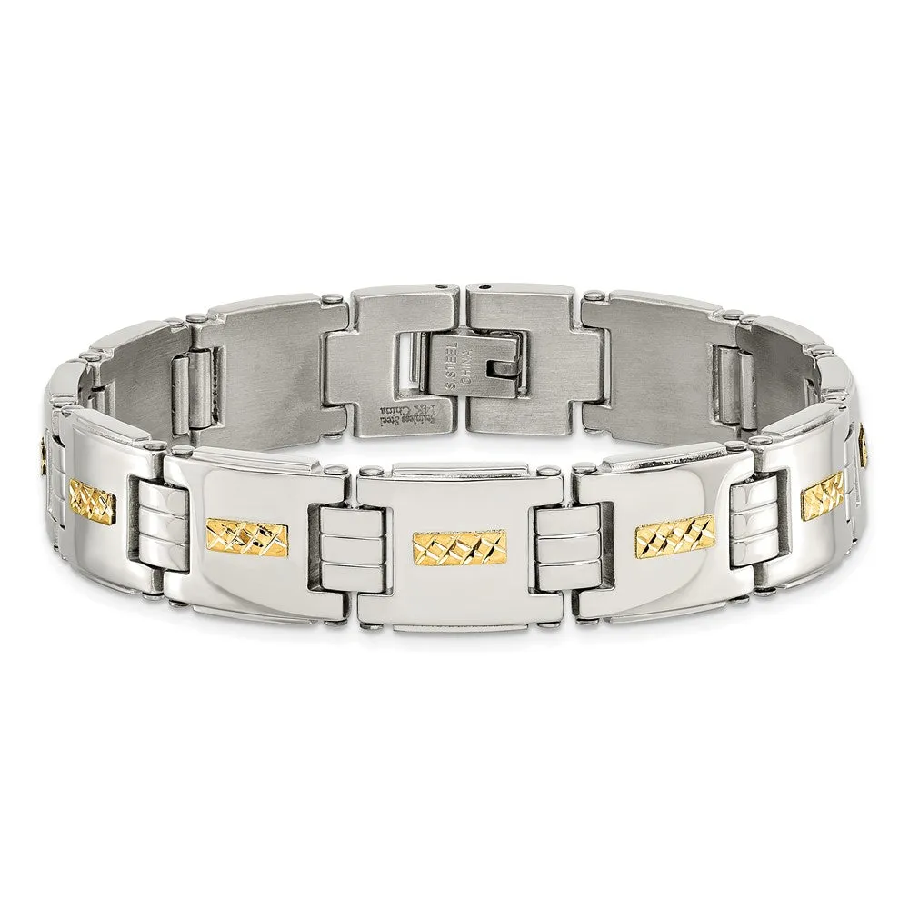 Chisel Stainless Steel Polished with Diamond-cut 14k Gold Inlay 8 inch Link Bracelet