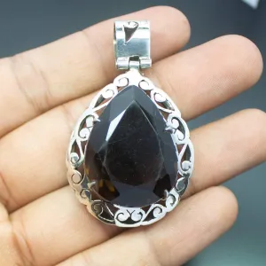 Christmas Gift,  21.2g, Totally Handmade Natural Smoky Quartz Pear Shape 925 Sterling Silver Pendant