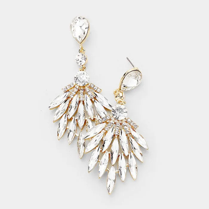 Clear Crystal Cluster Leaf Pageant Earrings on Gold | 252132