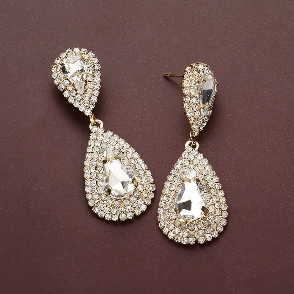 Clear Marquise Stone Flower Pageant Earrings  | Clear Evening Earrings on Gold|  646924