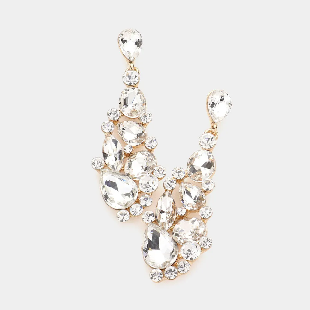 Clear Round and Teardrop Cluster Pageant Earrings on Gold| Prom Earrings | 583774