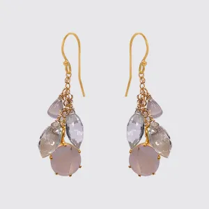 Cluster Earring with moonstone, Grey Chalcedony, Crystal Marquis
