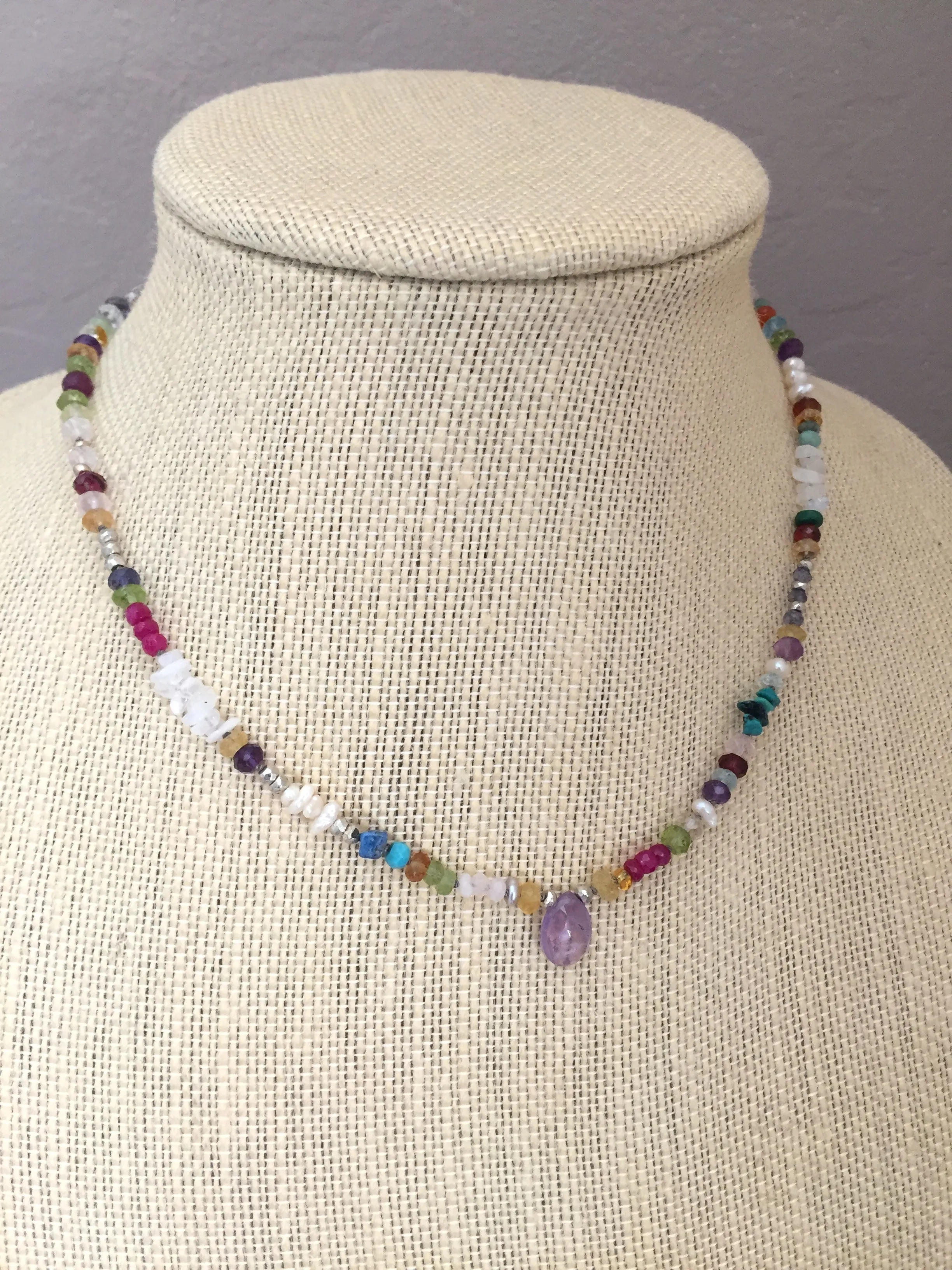 Colourful Handknotted Pearl & Gemstone Statement Necklace Adjustable 16 to 18 inches