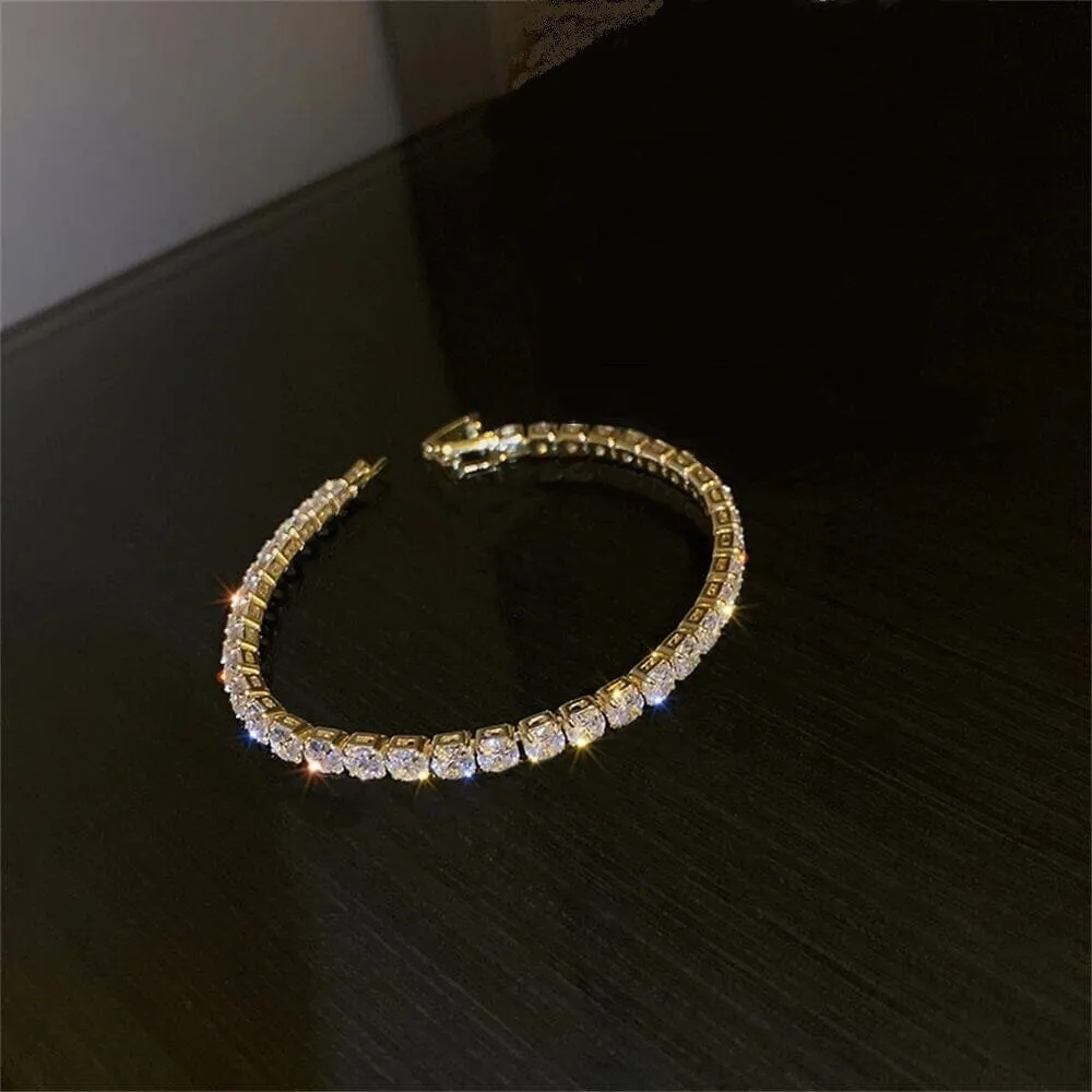 CZ Diamond Link Round Cut Bracelet, Wedding 14K Yellow Gold Plated Crystal Bracelet for Brides and Bridesmaids