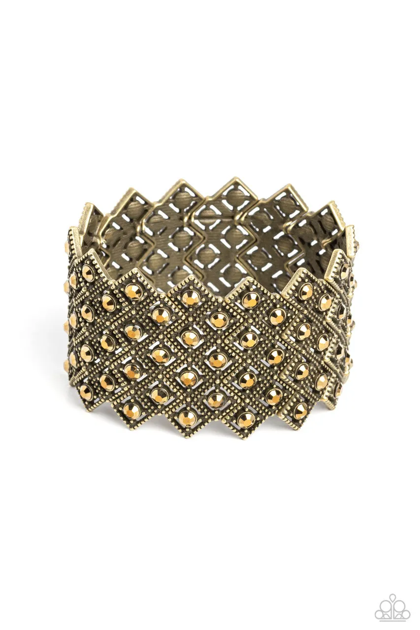 DECO in the Rough - Brass - Aurum Rhinestone Statement Paparazzi Stretchy Bracelet
