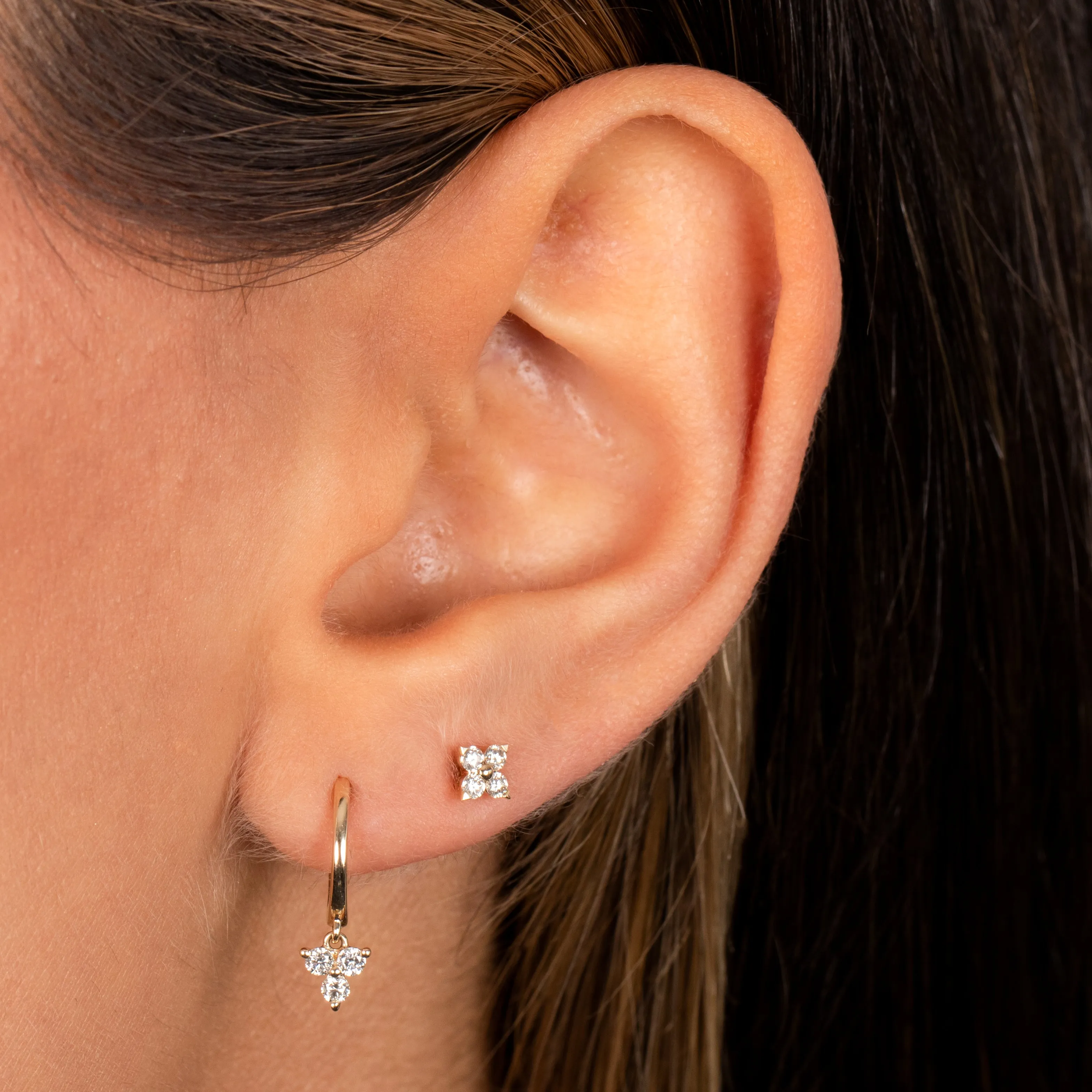 Diamond Dangling Trio Cluster Huggie Earring 14K