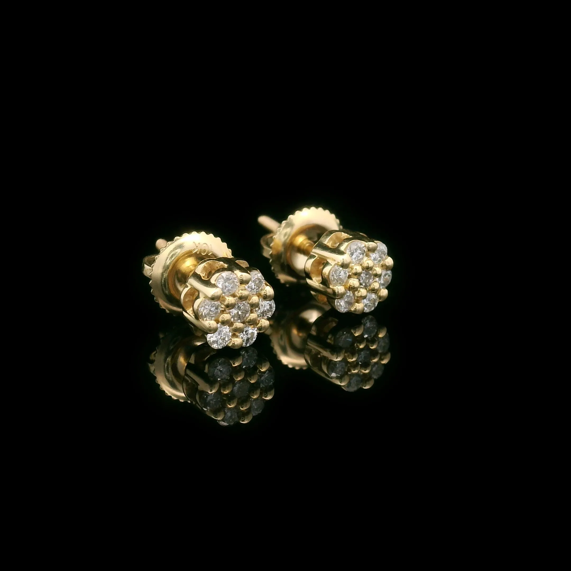 Diamond Flower Cluster Settings Screw Back Earrings 10k Yellow Gold 0.26ctw