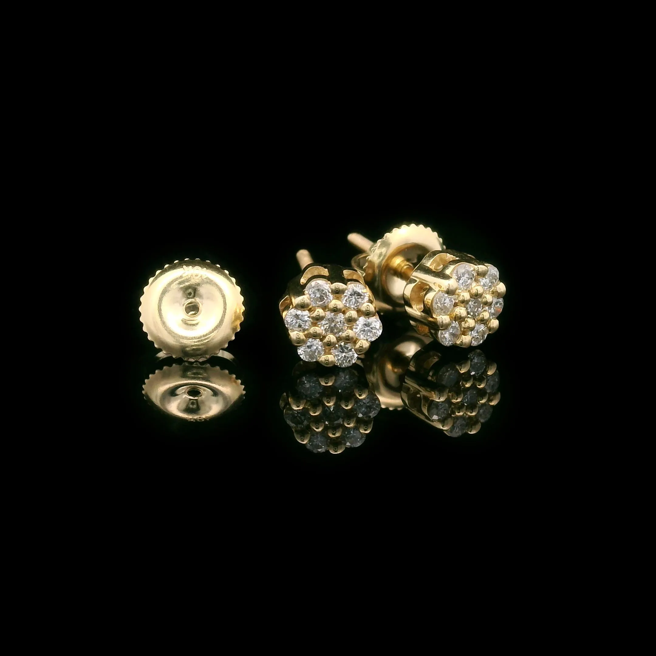 Diamond Flower Cluster Settings Screw Back Earrings 10k Yellow Gold 0.26ctw