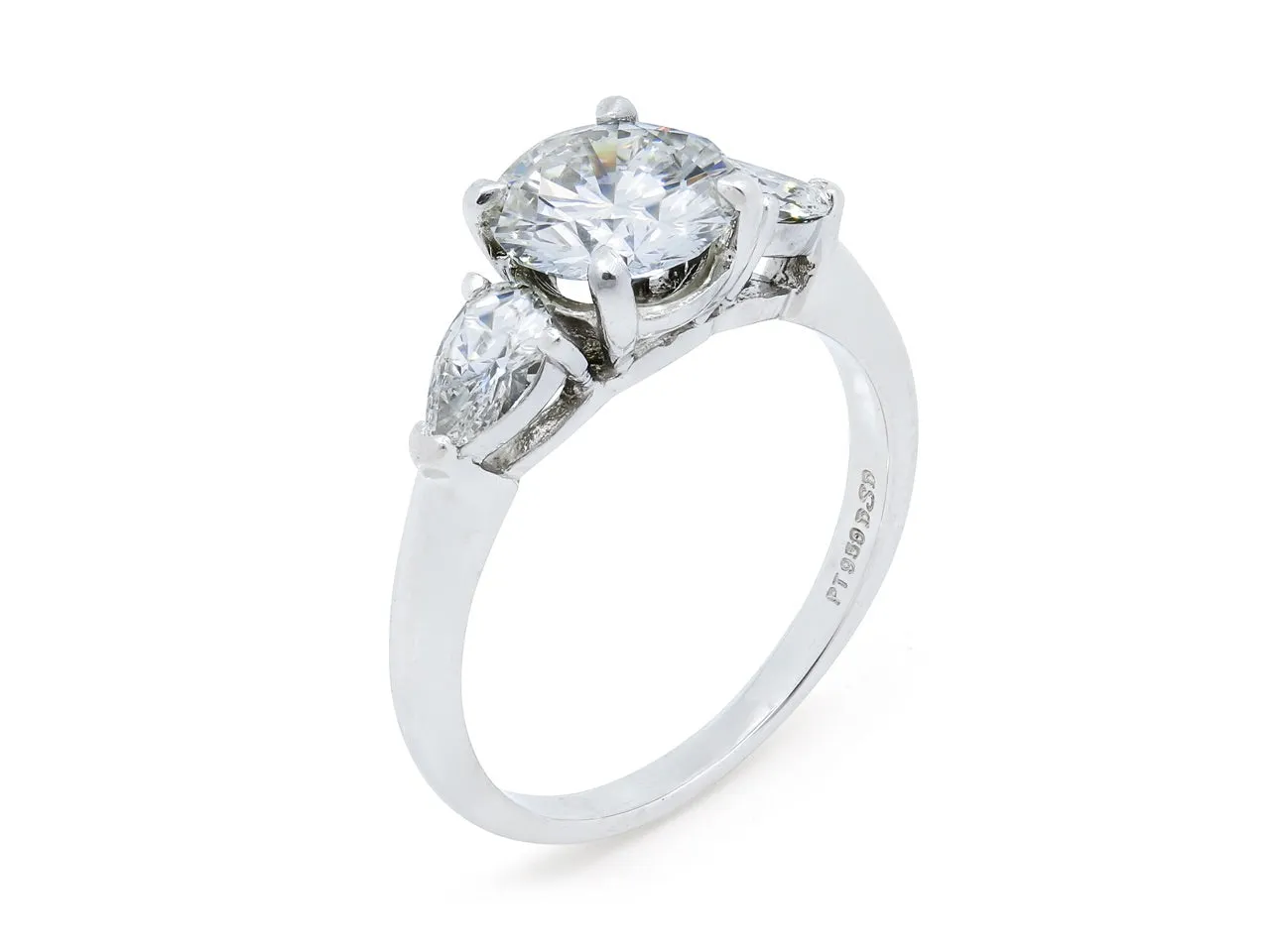 Diamond Solitaire Ring, 1.42 carat H/SI-1 with Pear-shape Diamond Shoulders, in Platinum