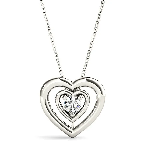 Double Hearth Framed Round Diamond Solitaire Necklace Pendant