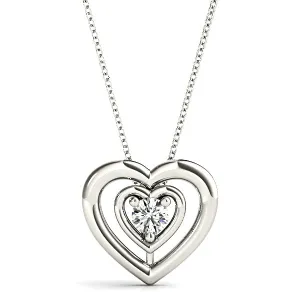 Double Hearth Framed Round Diamond Solitaire Necklace Pendant