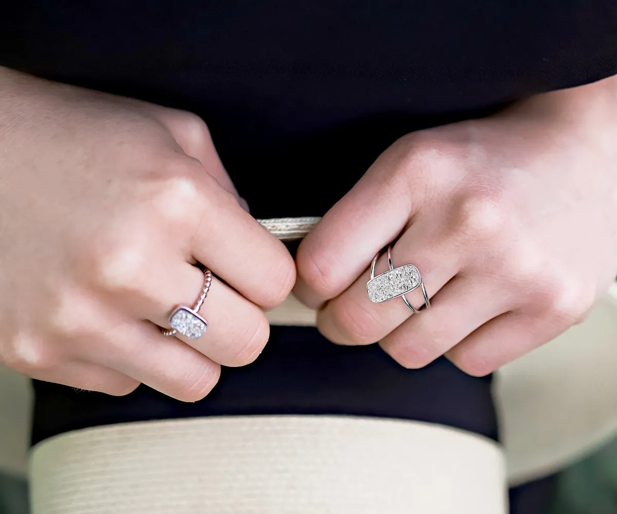 Double Twist Rectangle Platinum Druzy Ring