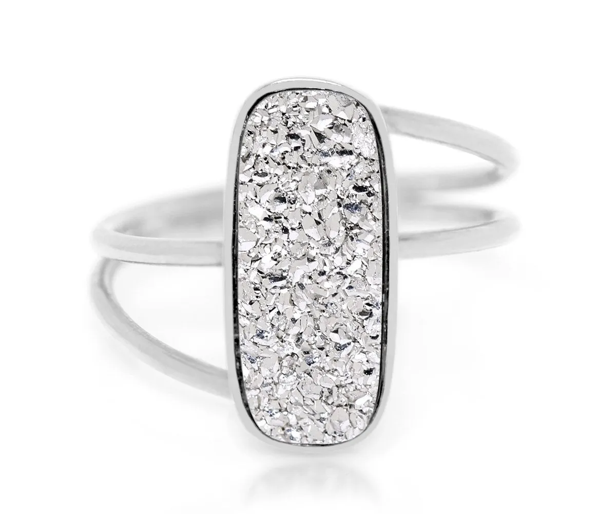 Double Twist Rectangle Platinum Druzy Ring