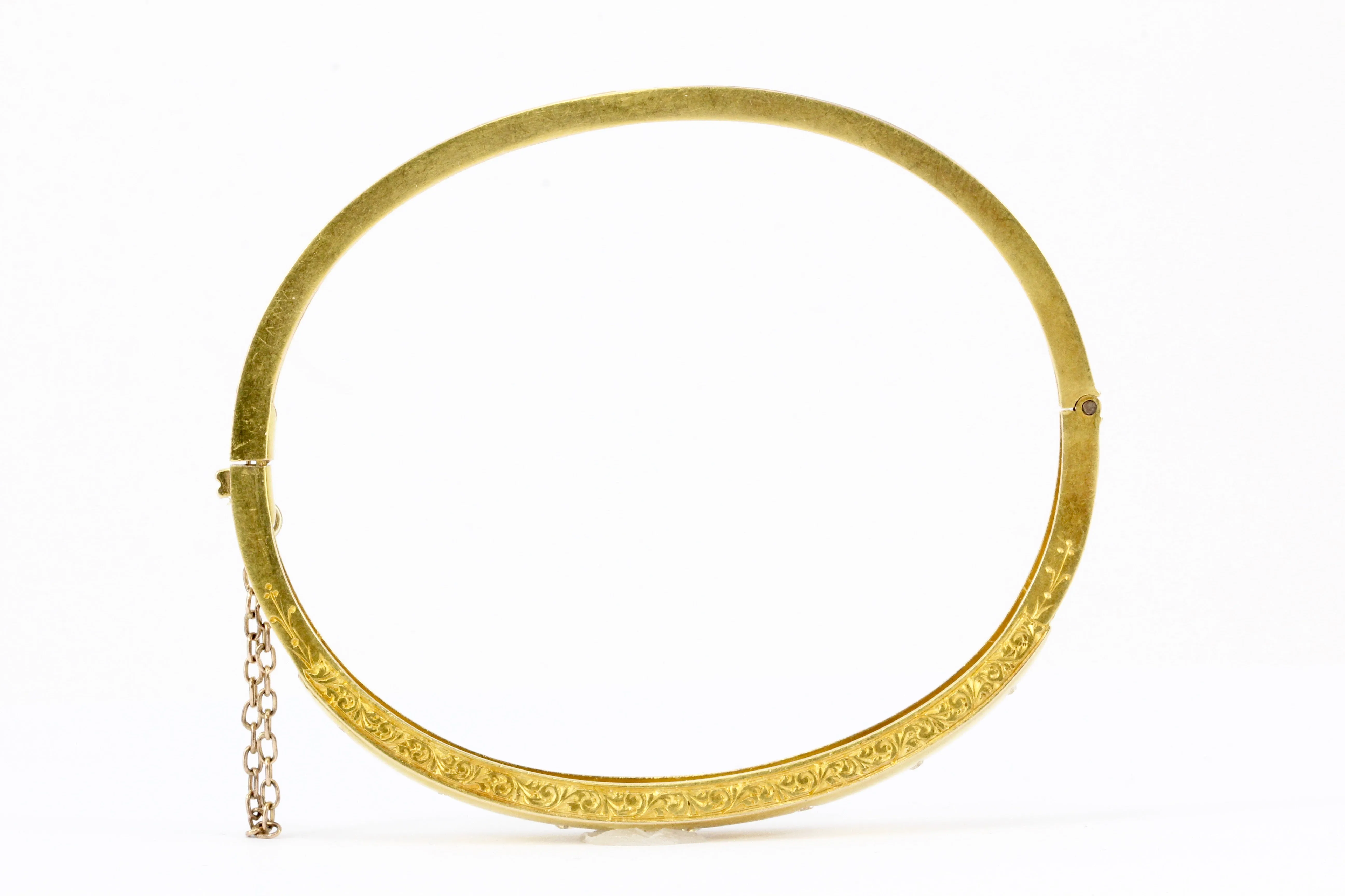 Edwardian 15K Yellow Gold Old Mine Cut Diamond Bangle Bracelet c.1910