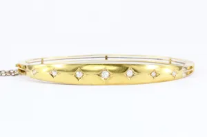 Edwardian 15K Yellow Gold Old Mine Cut Diamond Bangle Bracelet c.1910