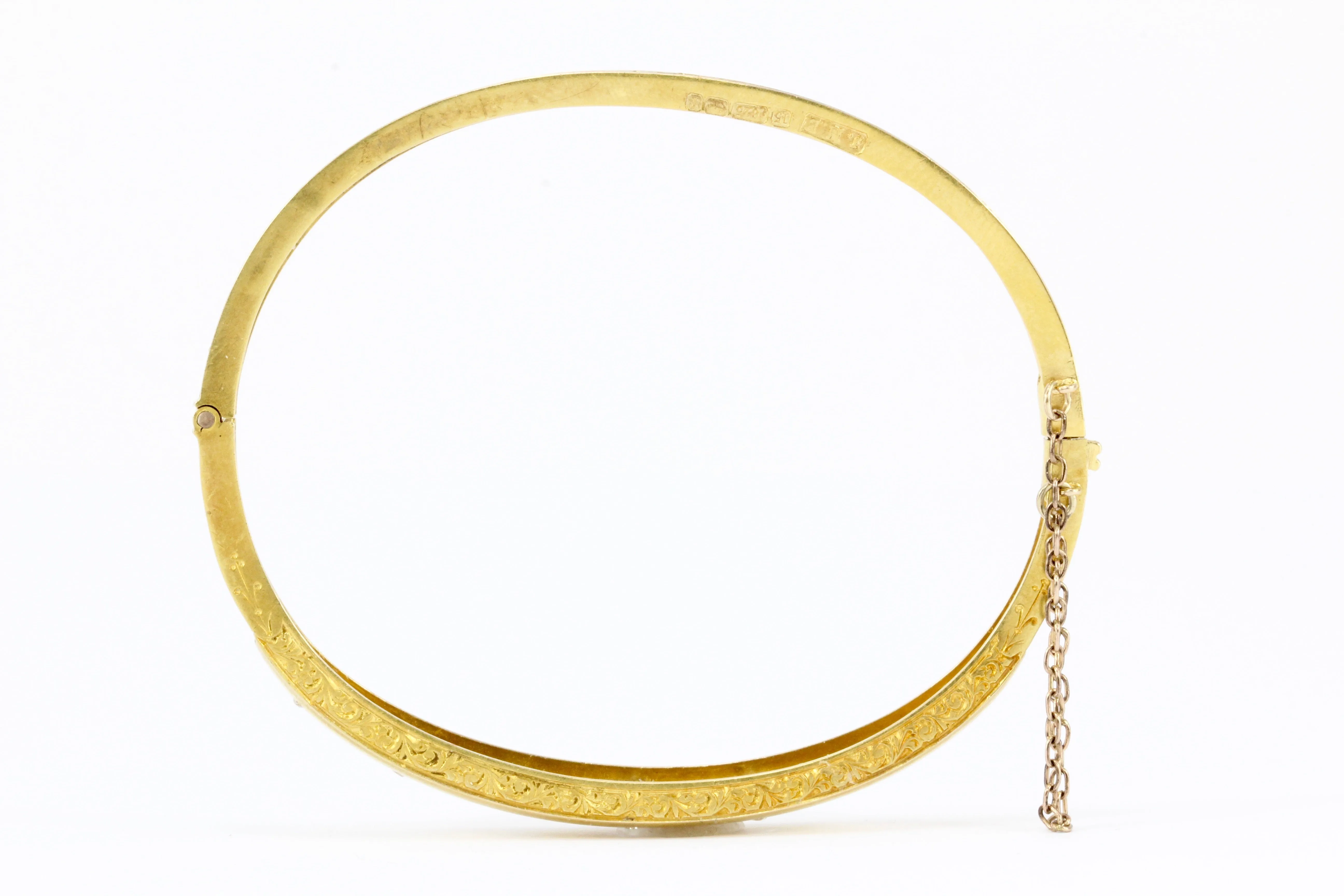Edwardian 15K Yellow Gold Old Mine Cut Diamond Bangle Bracelet c.1910