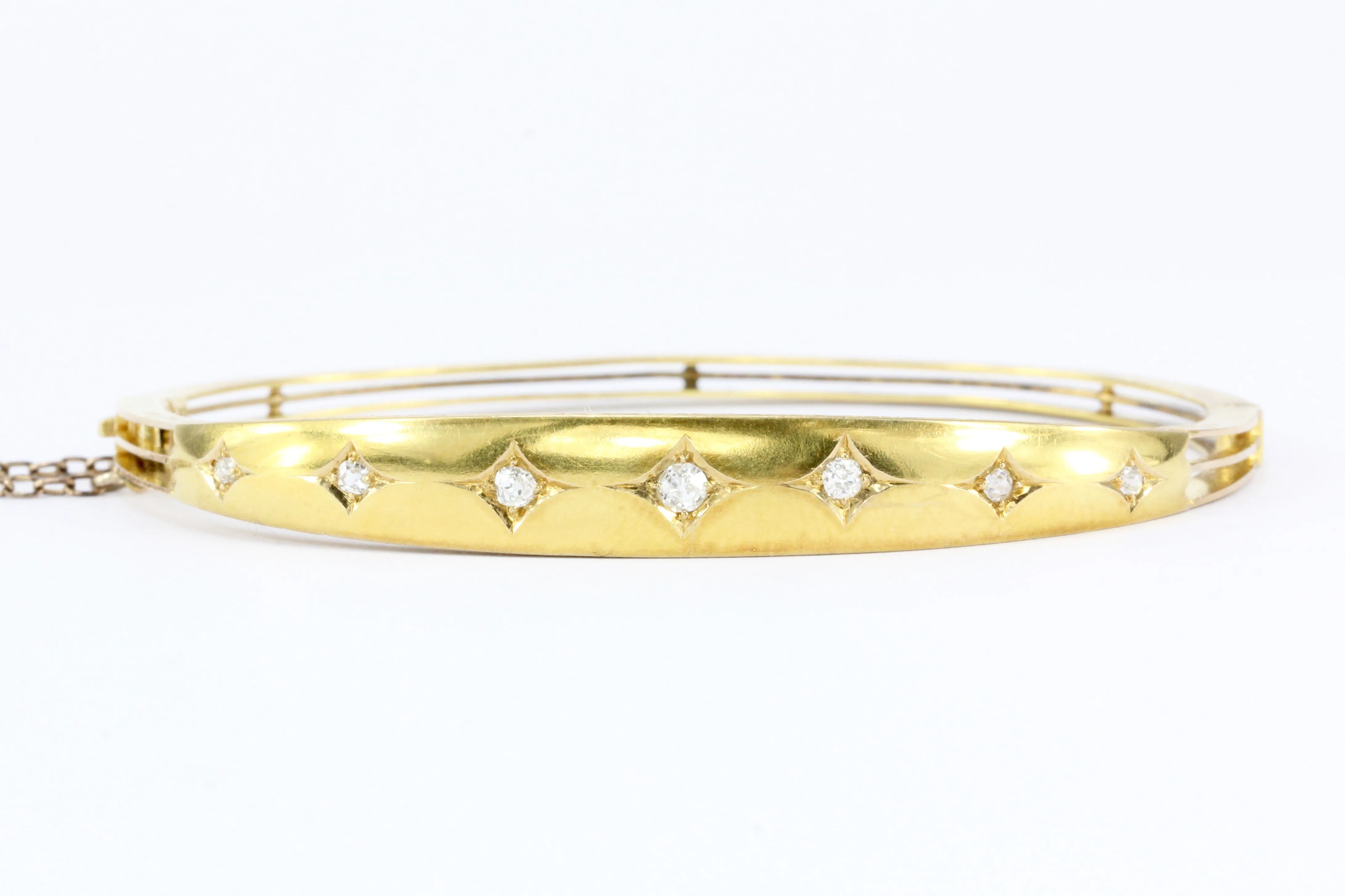 Edwardian 15K Yellow Gold Old Mine Cut Diamond Bangle Bracelet c.1910