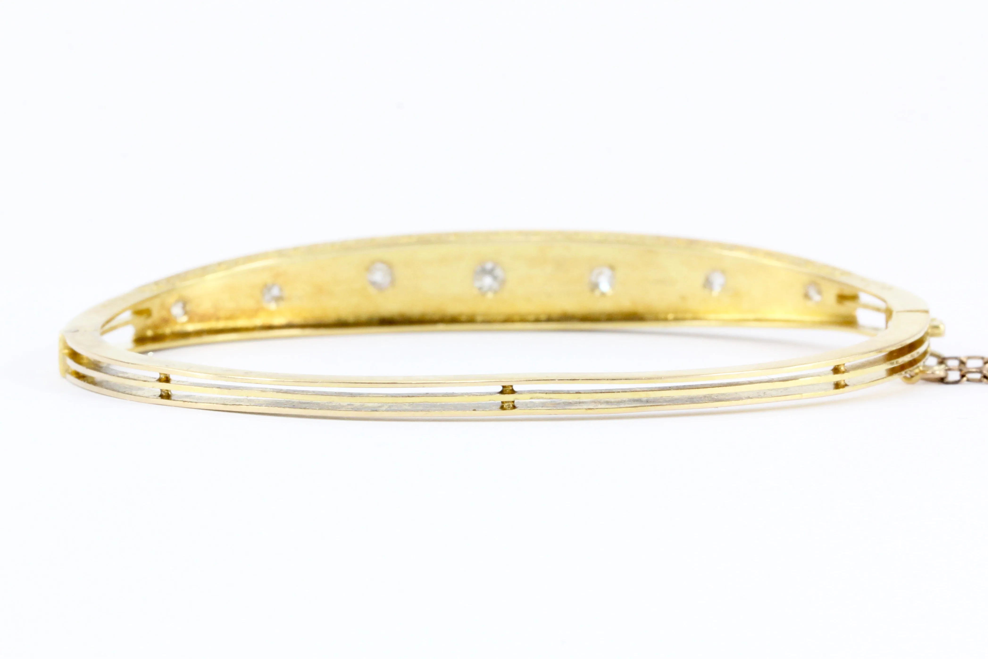 Edwardian 15K Yellow Gold Old Mine Cut Diamond Bangle Bracelet c.1910