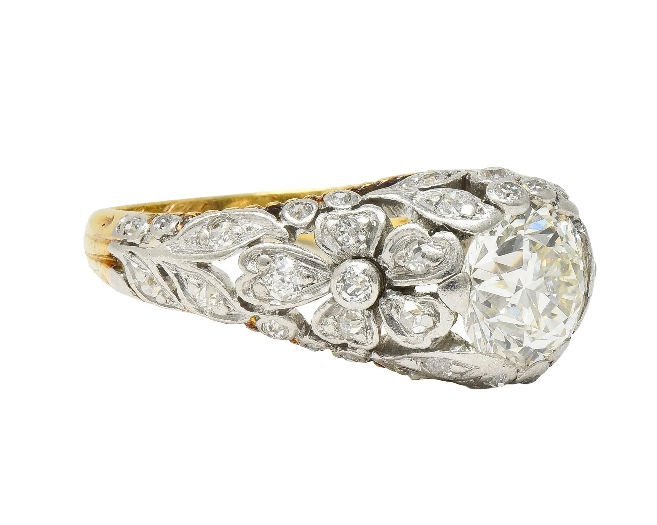 Edwardian 1908 1.74 CTW Diamond Platinum 18 Karat Gold Antique Floral Engagement Ring