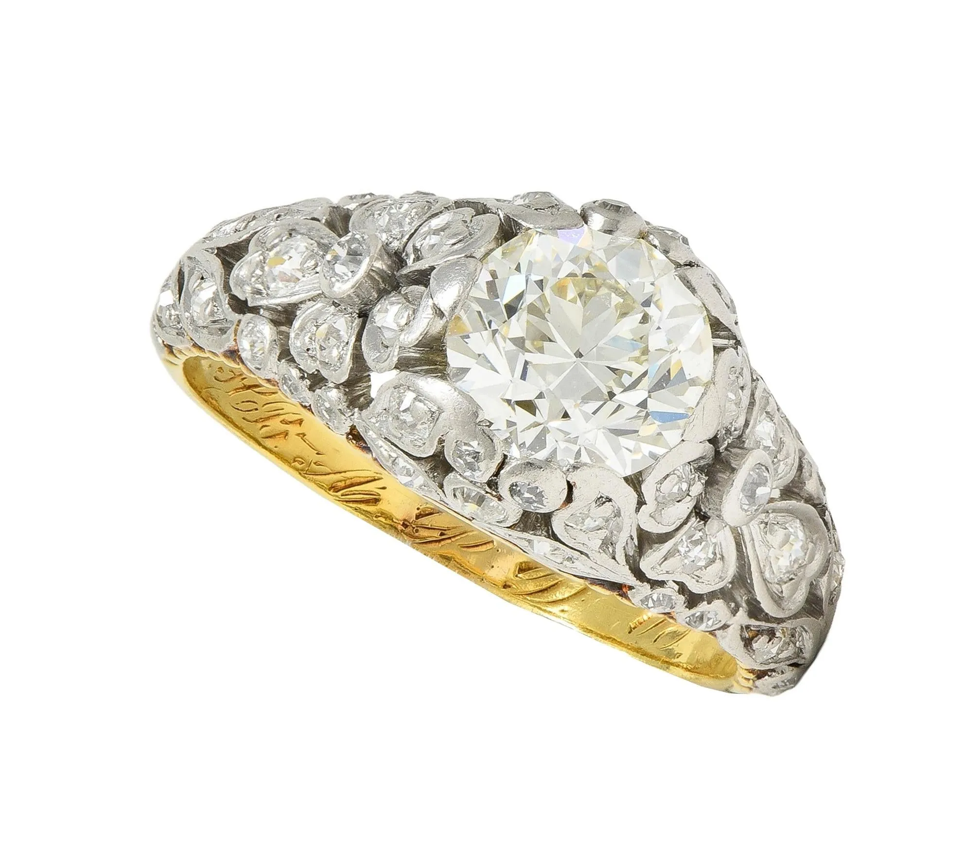 Edwardian 1908 1.74 CTW Diamond Platinum 18 Karat Gold Antique Floral Engagement Ring