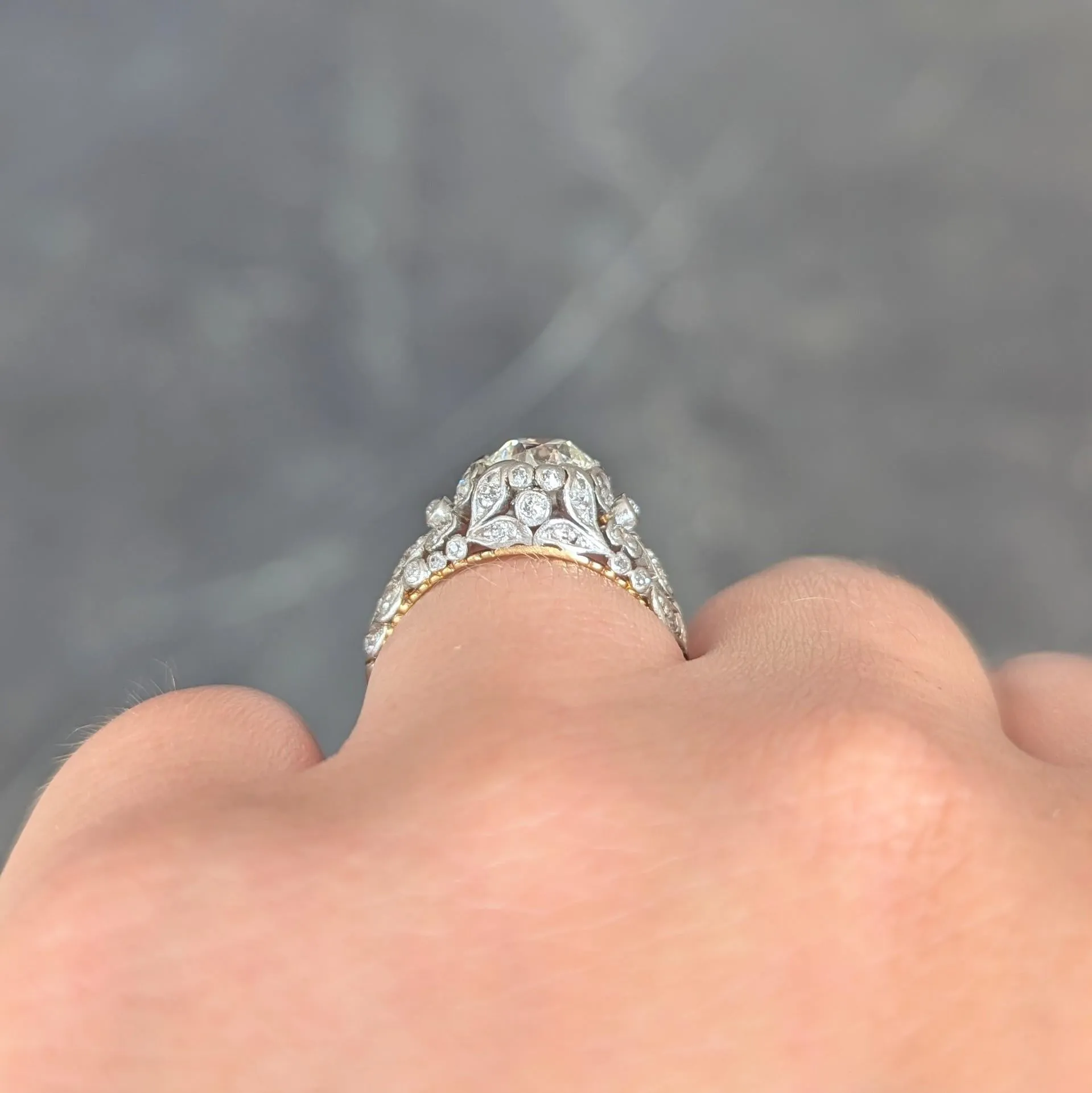 Edwardian 1908 1.74 CTW Diamond Platinum 18 Karat Gold Antique Floral Engagement Ring