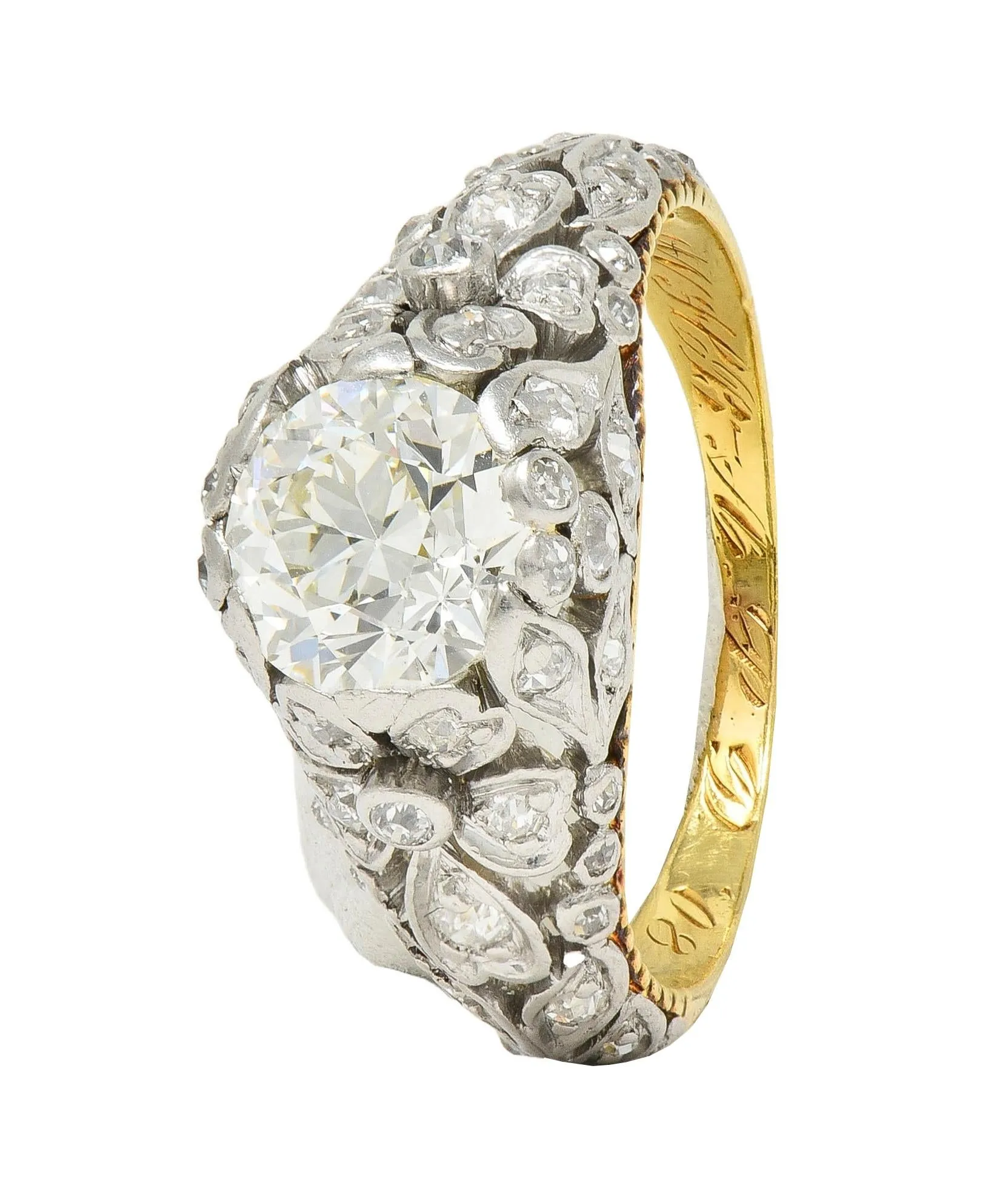 Edwardian 1908 1.74 CTW Diamond Platinum 18 Karat Gold Antique Floral Engagement Ring