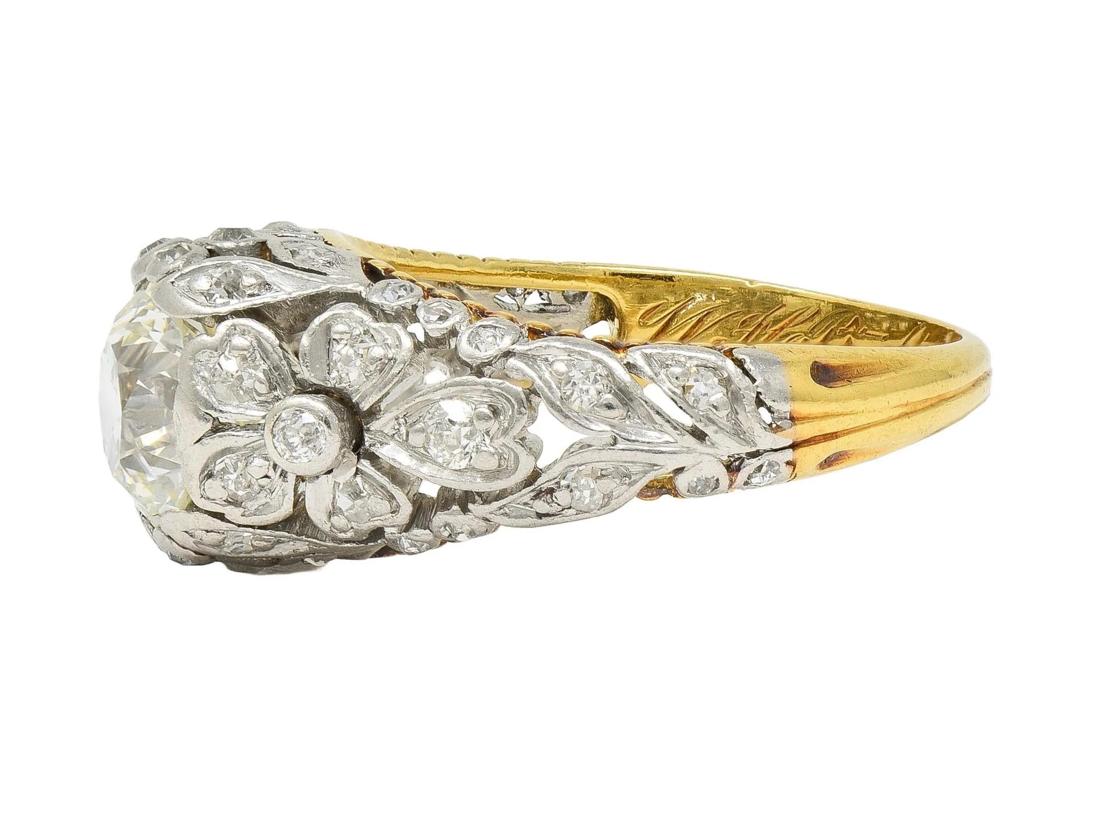 Edwardian 1908 1.74 CTW Diamond Platinum 18 Karat Gold Antique Floral Engagement Ring