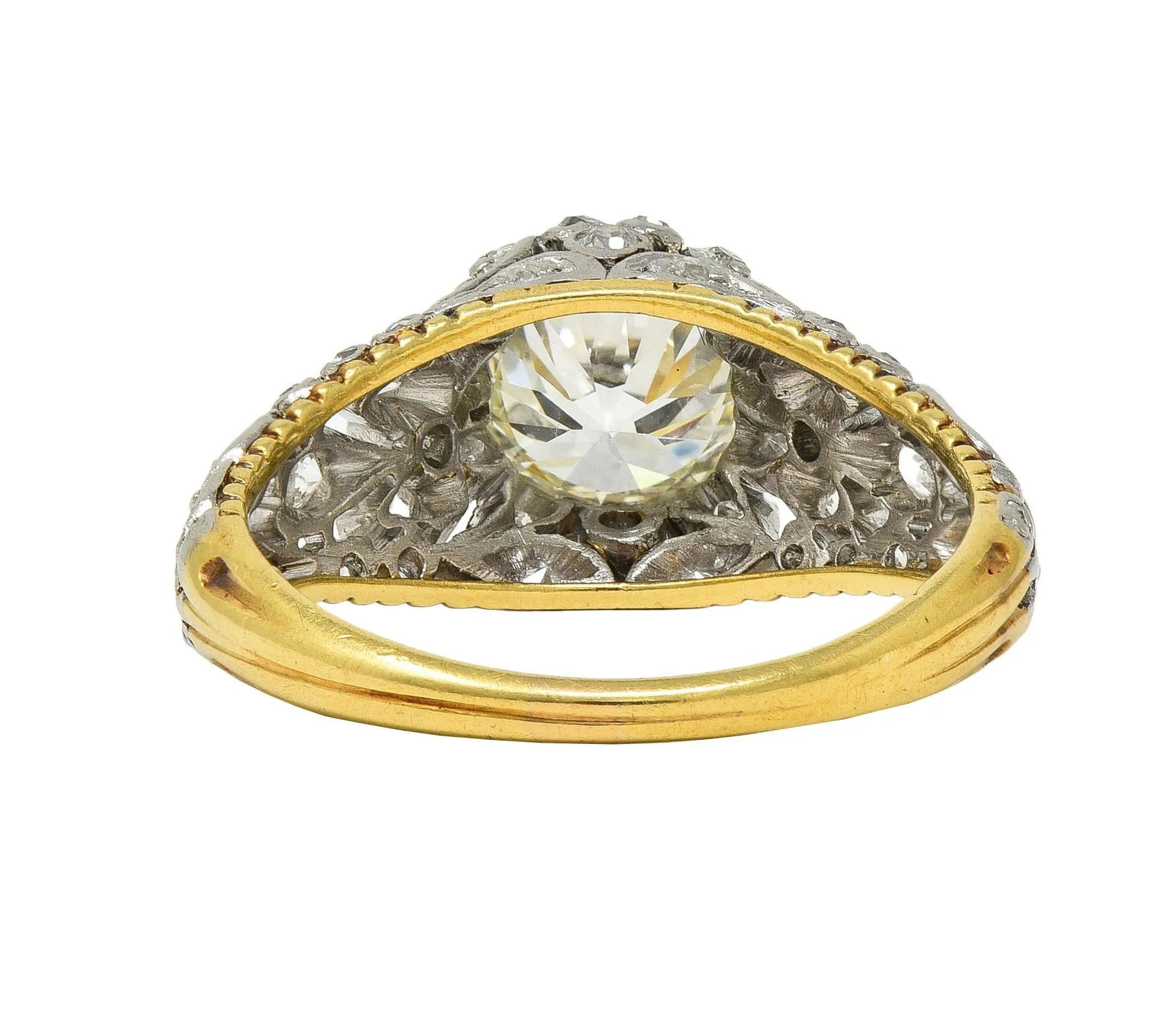 Edwardian 1908 1.74 CTW Diamond Platinum 18 Karat Gold Antique Floral Engagement Ring