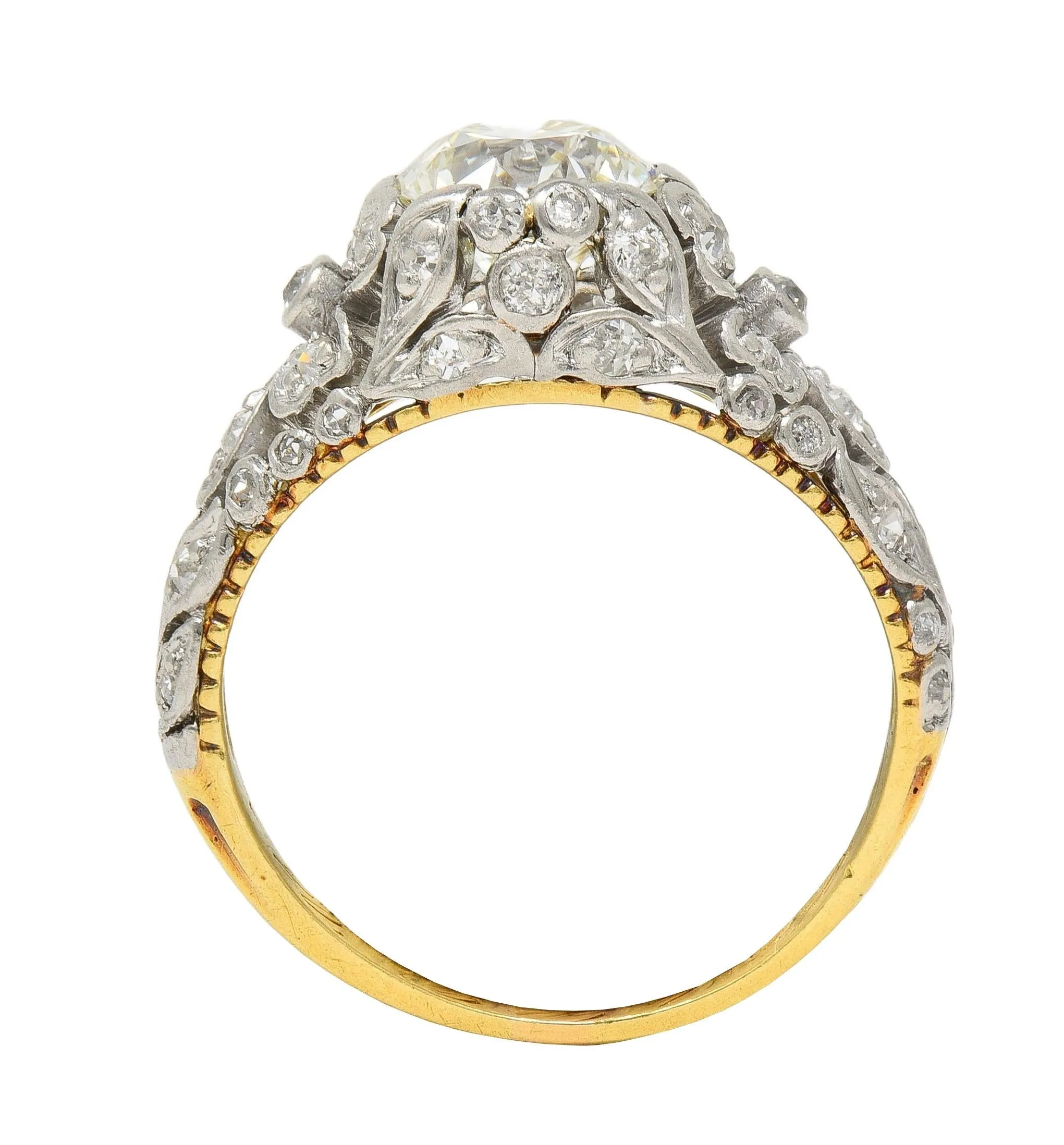 Edwardian 1908 1.74 CTW Diamond Platinum 18 Karat Gold Antique Floral Engagement Ring