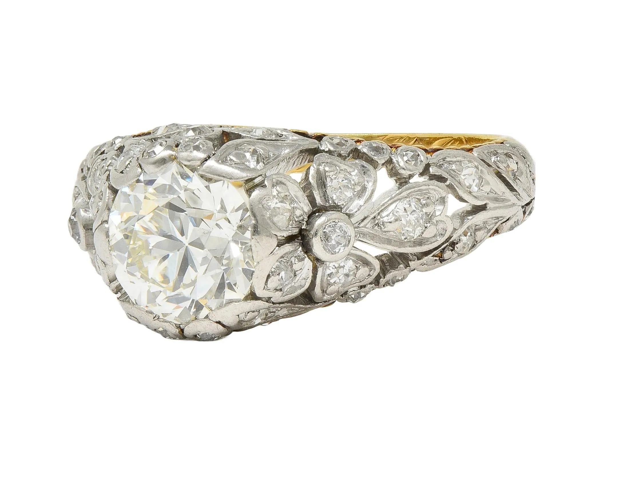 Edwardian 1908 1.74 CTW Diamond Platinum 18 Karat Gold Antique Floral Engagement Ring