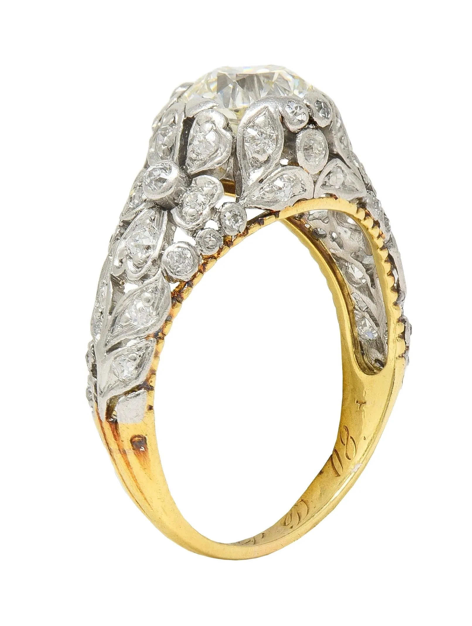Edwardian 1908 1.74 CTW Diamond Platinum 18 Karat Gold Antique Floral Engagement Ring