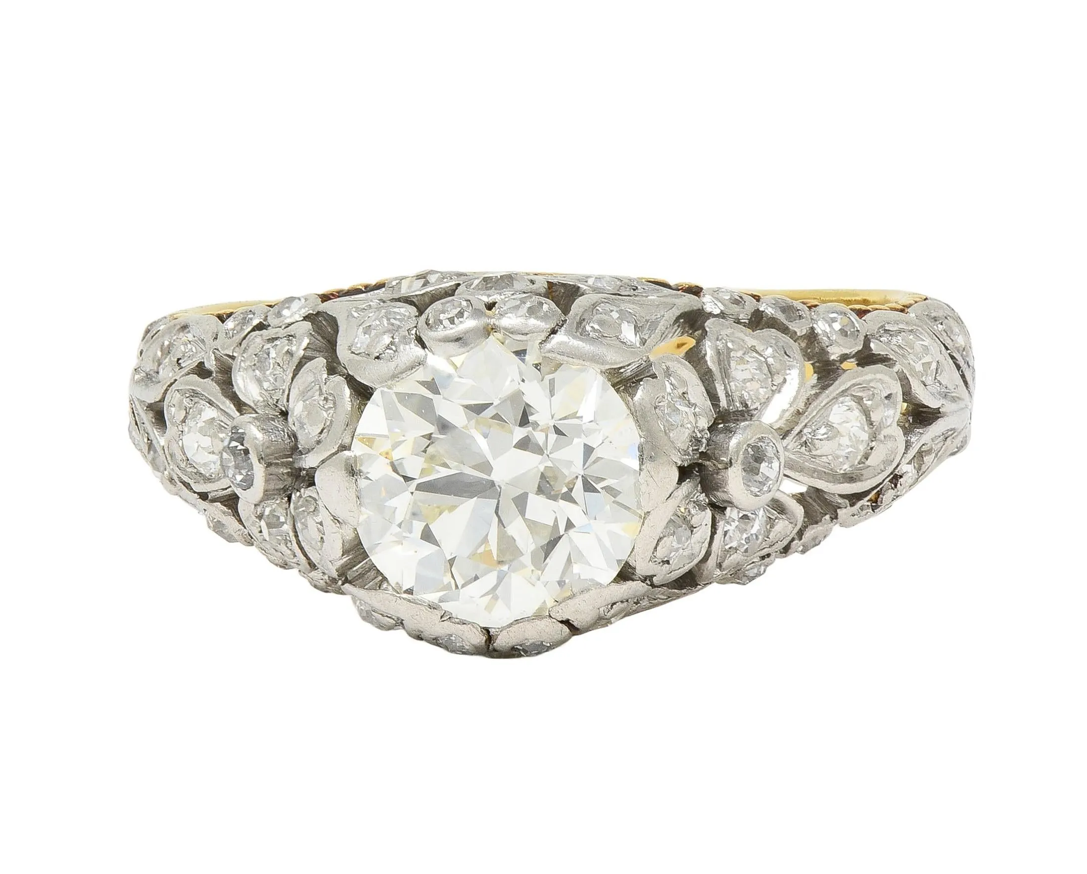 Edwardian 1908 1.74 CTW Diamond Platinum 18 Karat Gold Antique Floral Engagement Ring