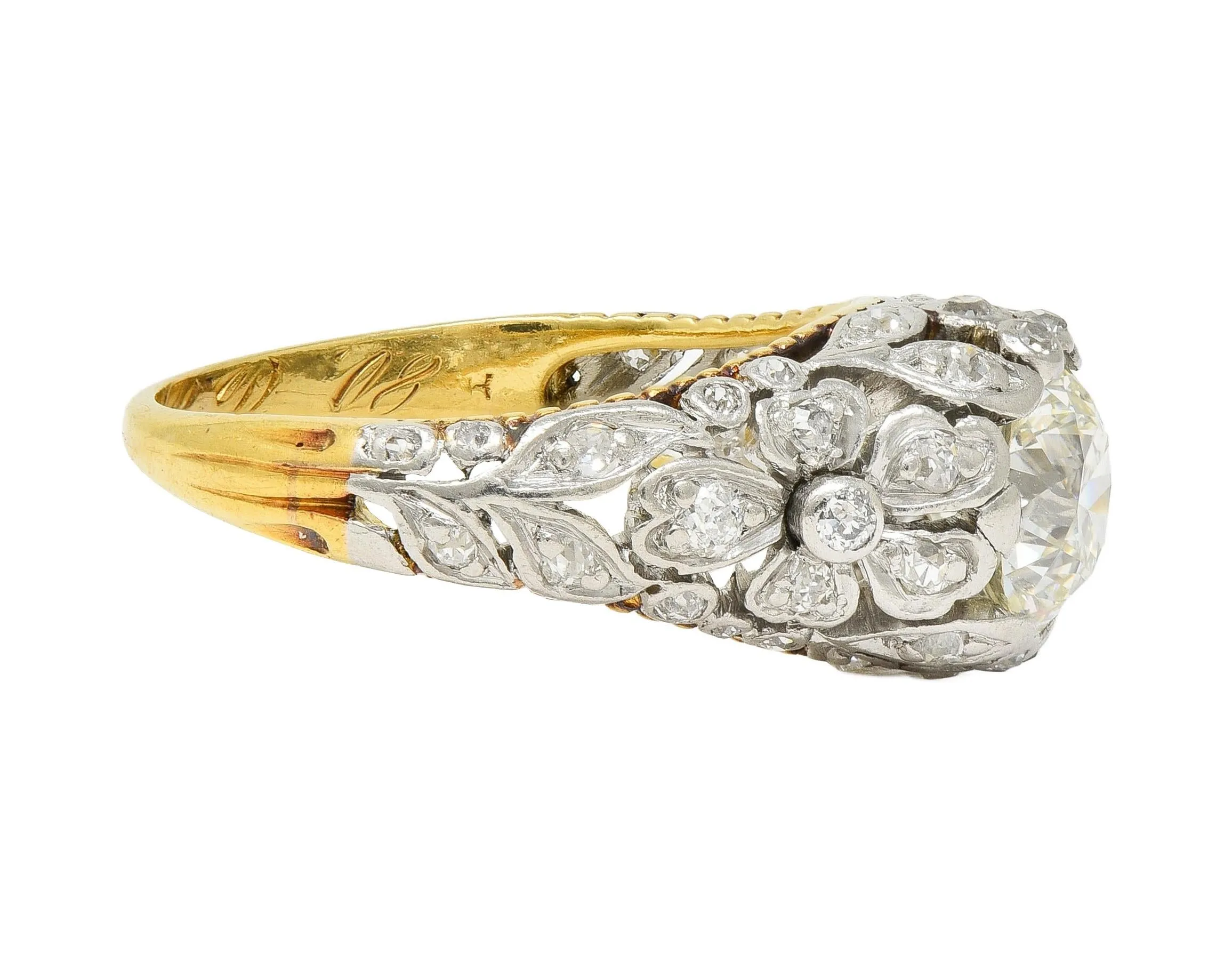 Edwardian 1908 1.74 CTW Diamond Platinum 18 Karat Gold Antique Floral Engagement Ring