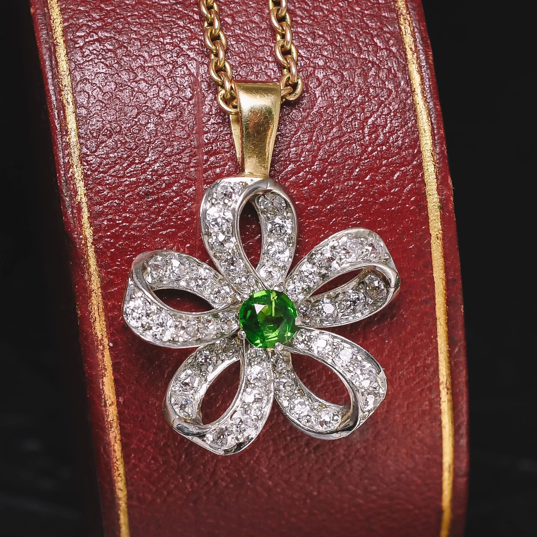 Edwardian Demantoid Garnet & Diamond Flower Pendant