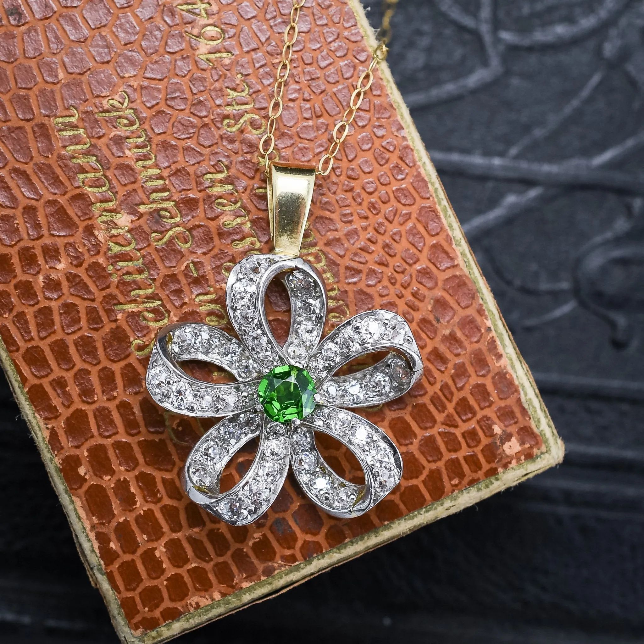 Edwardian Demantoid Garnet & Diamond Flower Pendant