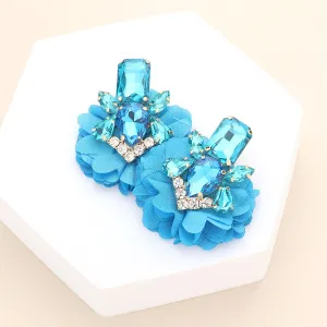 Elegant Multi Aqua Blue Stone Embellished Fabric Cluster Pageant Earring | Runway Earrings | 582789