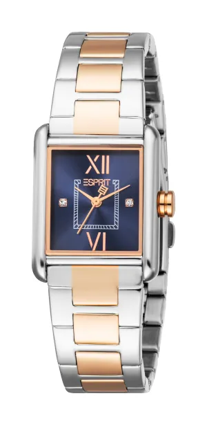 Esprit Ladies Rectangular Two-Tone Watch with Dark Blue Dial