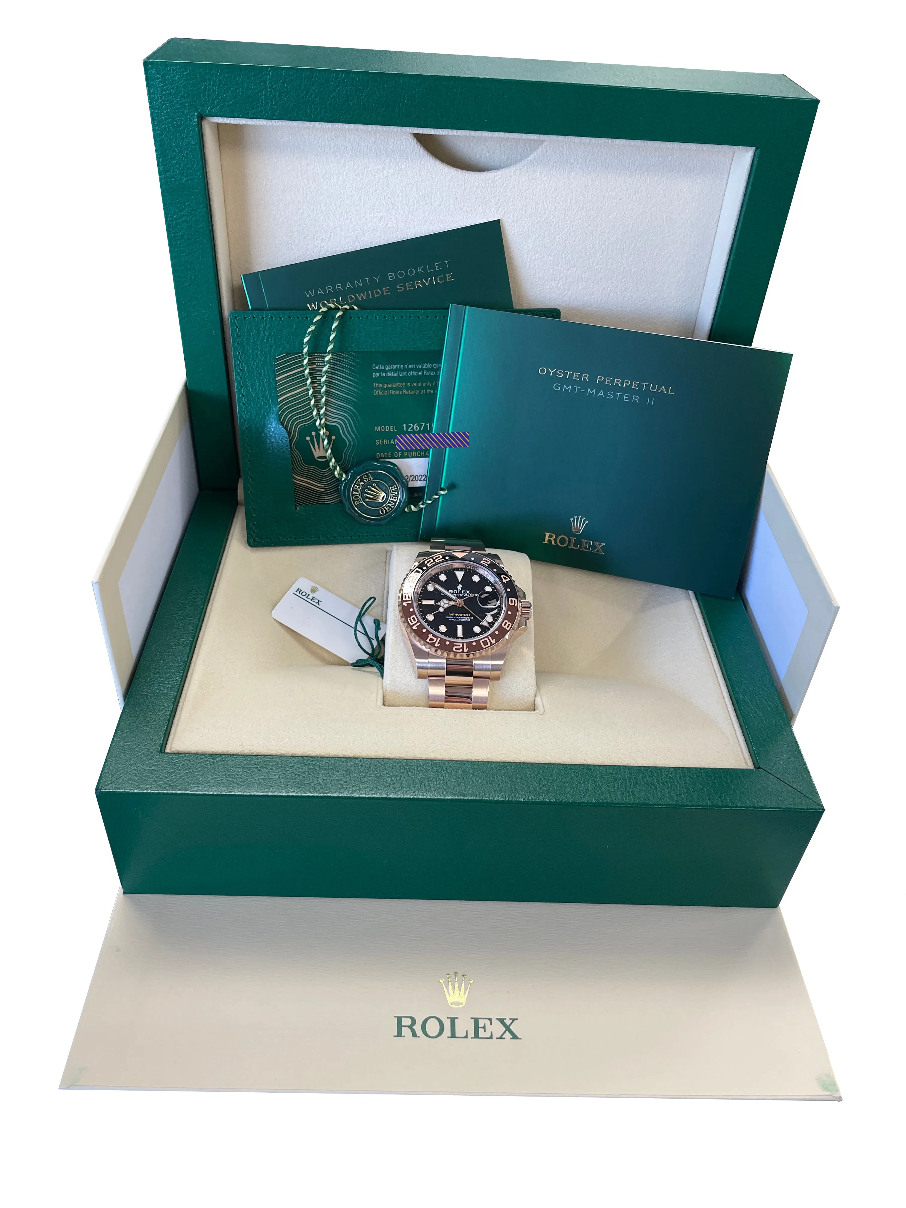 FEB 22 2022 NEW Rolex GMT Master II Root Beer 18K Rose Gold 126715 CHNR Watch