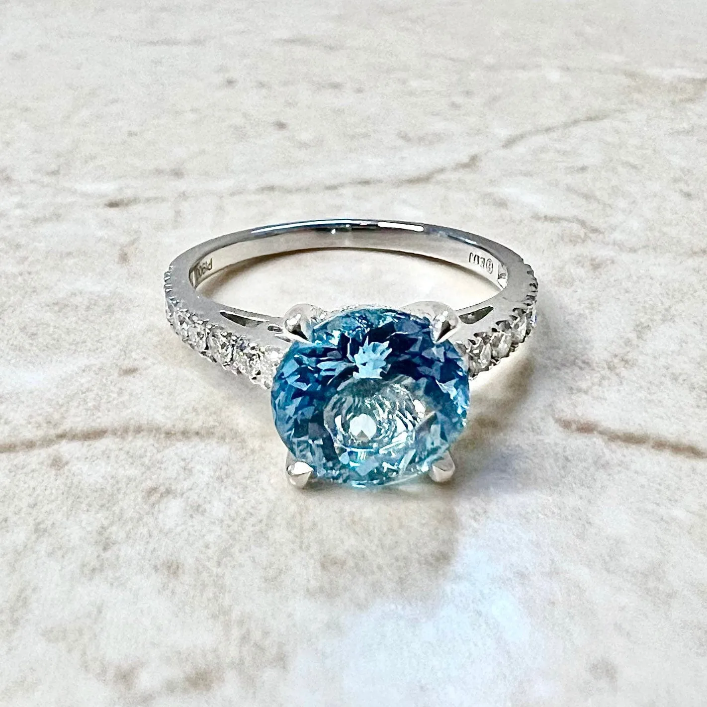 Fine Platinum 1.88 Carat Round Aquamarine & Diamond Solitaire Ring