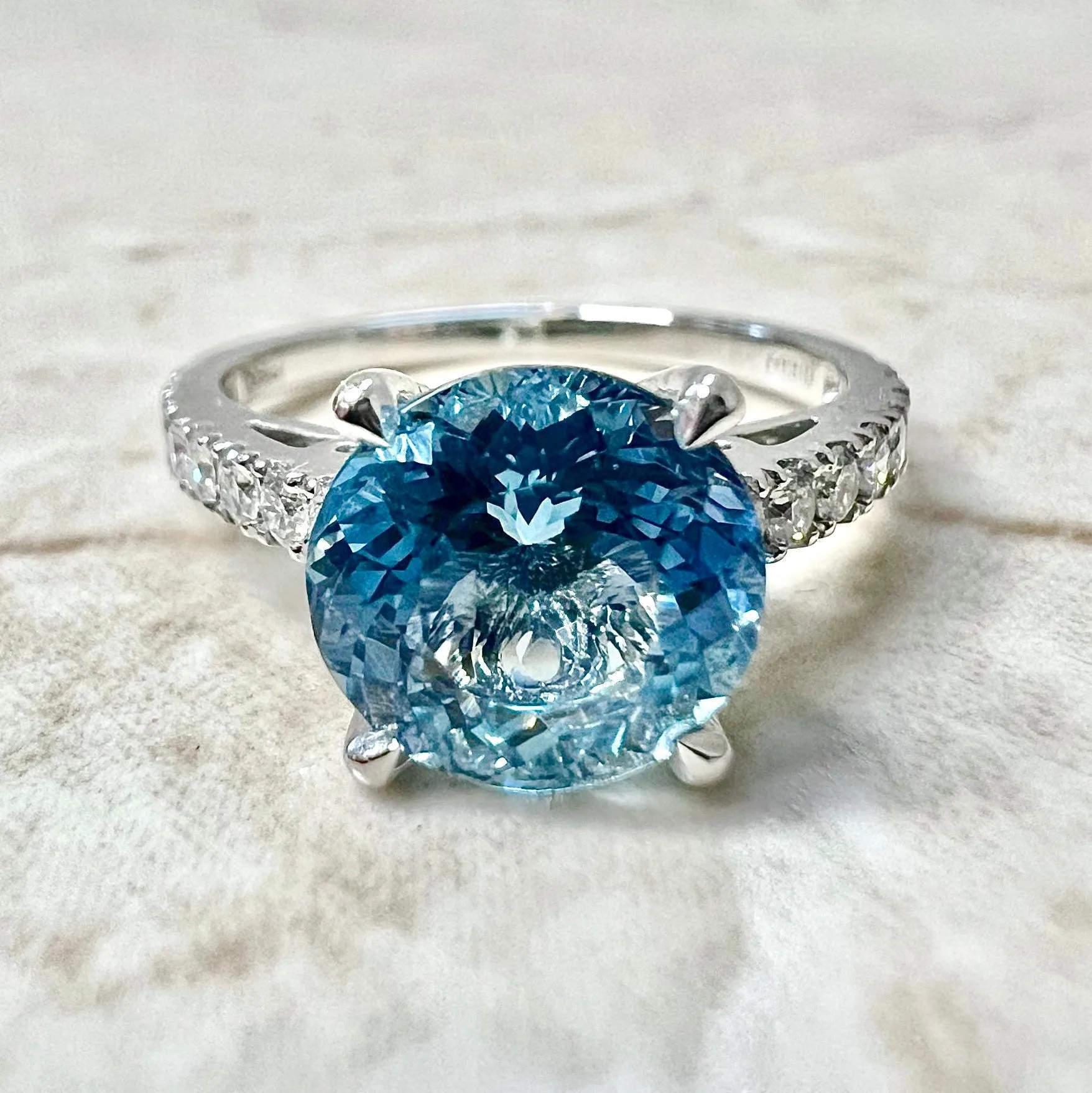 Fine Platinum 1.88 Carat Round Aquamarine & Diamond Solitaire Ring