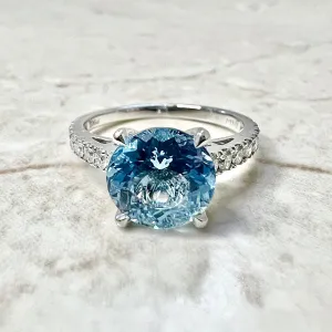 Fine Platinum 1.88 Carat Round Aquamarine & Diamond Solitaire Ring