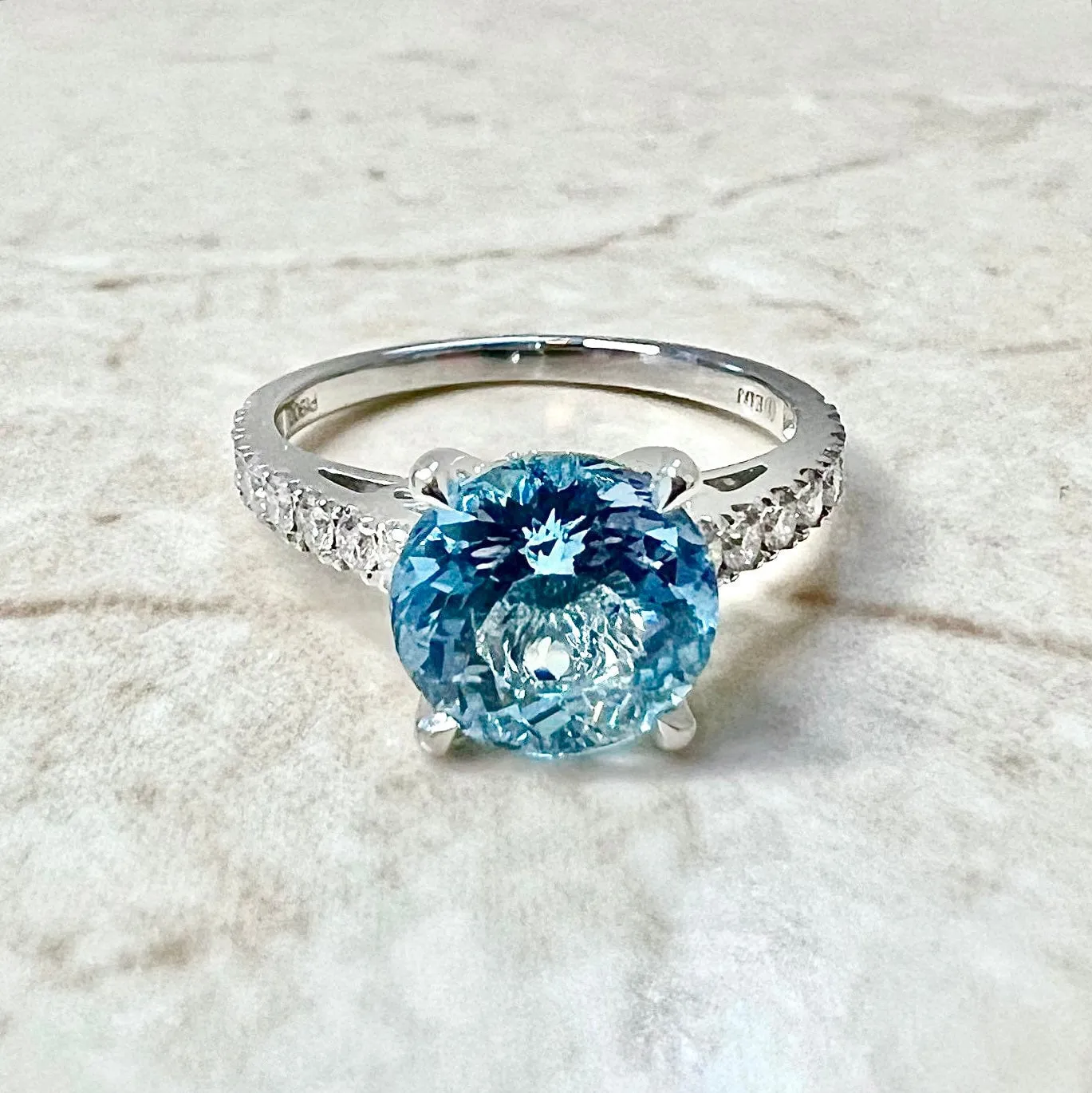 Fine Platinum 1.88 Carat Round Aquamarine & Diamond Solitaire Ring