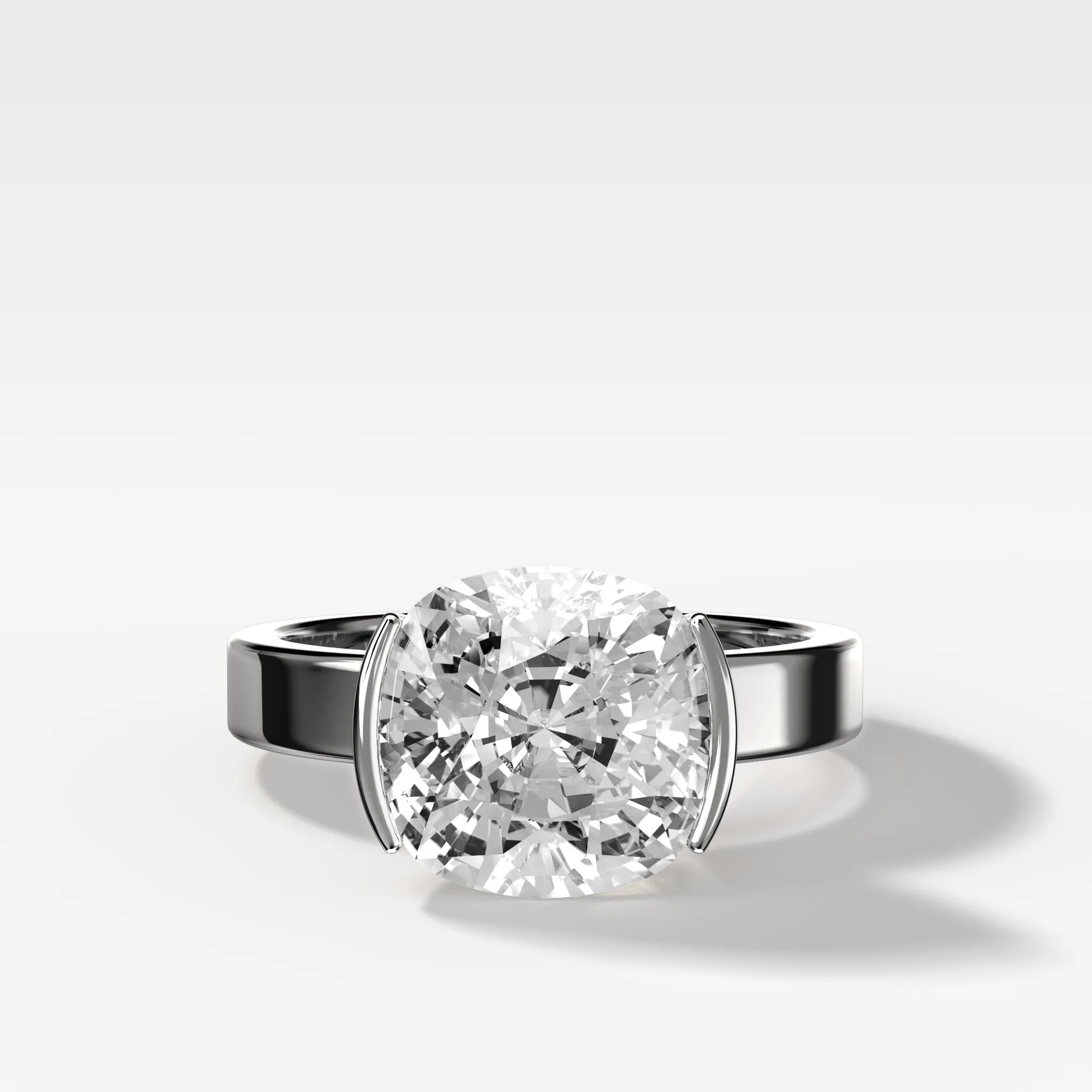 Finest Half Bezel Solitaire Engagement Ring With Cushion Cut Diamond