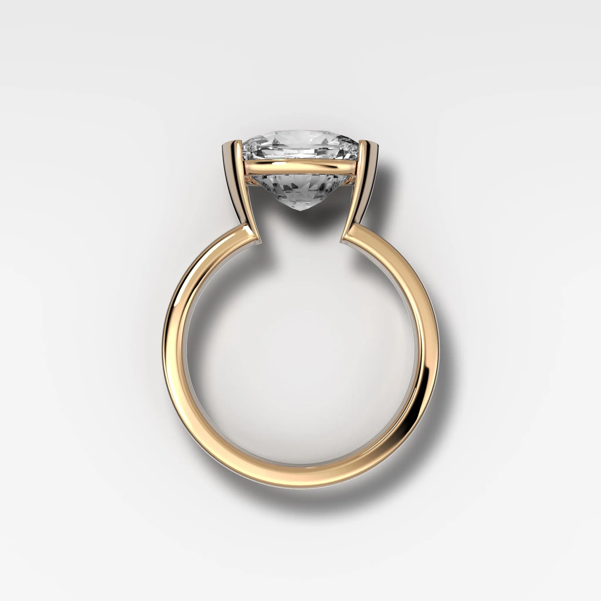 Finest Half Bezel Solitaire Engagement Ring With East West Elongated Cushion Cut Diamond