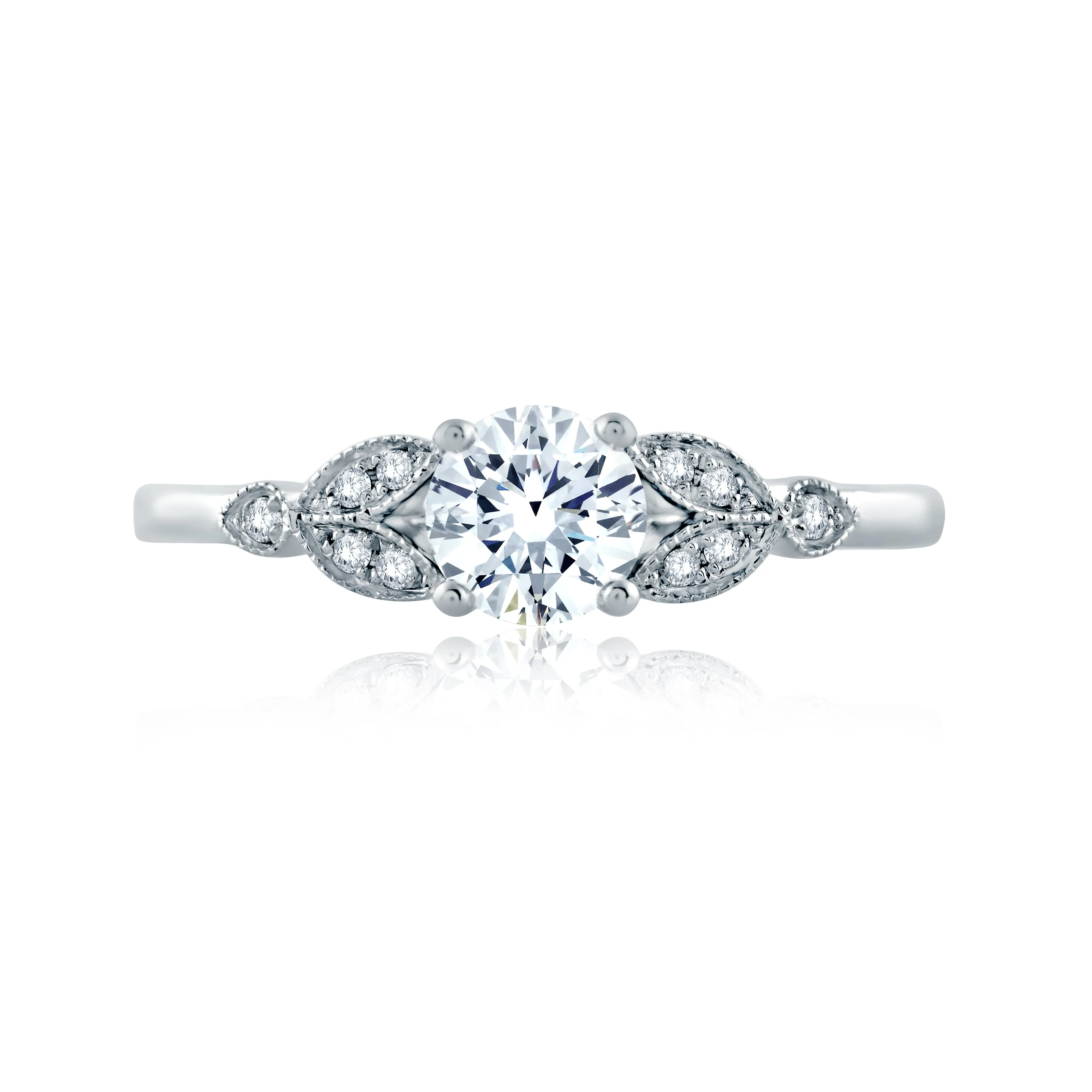 Floral Milgrain Accent Round Center Solitaire Engagement Ring