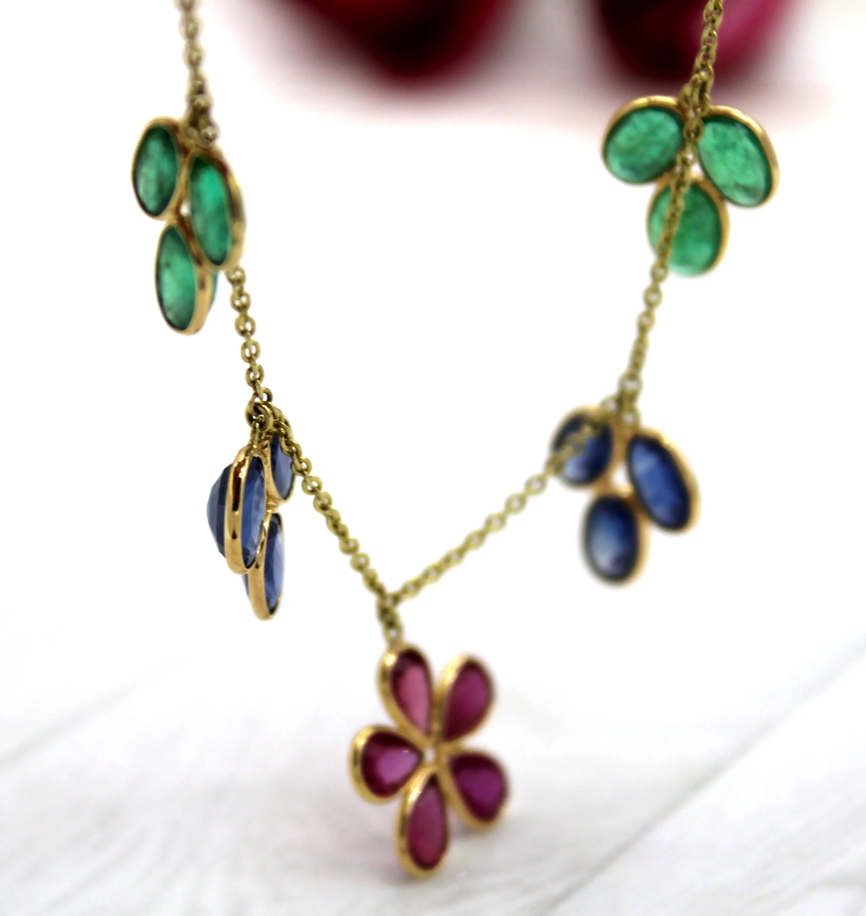 Flower Necklace Natural Ruby Blue Sapphire Emerald 18k Solid Yellow Gold